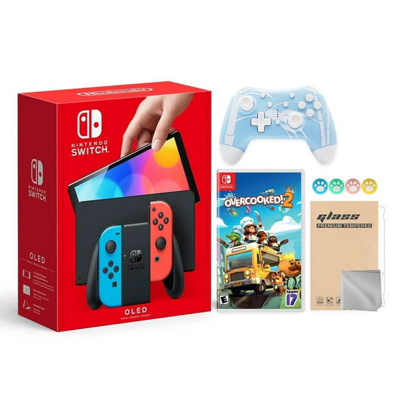 2021 new nintendo switch oled model neon red  blue joy con 64gb console hd screen  lanport dock with overcooked 2 and mytrix wireless switch pro controller and accessories nintendo hegskabaa