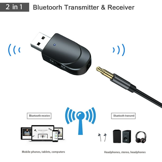 Adaptador Bluetooth 2 en 1 para transmitir audio de TV, PC, altavoz,  auriculares, coche o estéreo doméstico (receptor y transmisor inalámbrico).  Levamdar portátil