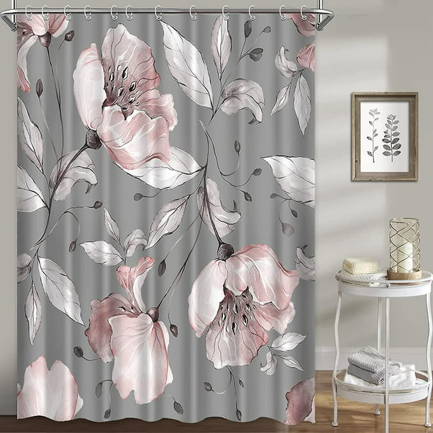 Tititex Juego de cortinas de ducha florales tropicales, flores rosas y  hojas verdes en la parte superior, decoración de baño, 72 x 72 pulgadas