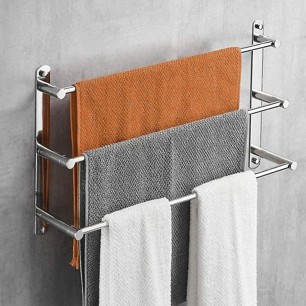 Toallero de baño de 15,7 pulgadas con ganchos, toallero de 3 niveles de  acero inoxidable SUS304, montado en la pared, sin taladro, ajustable,  estante para toallas de baño