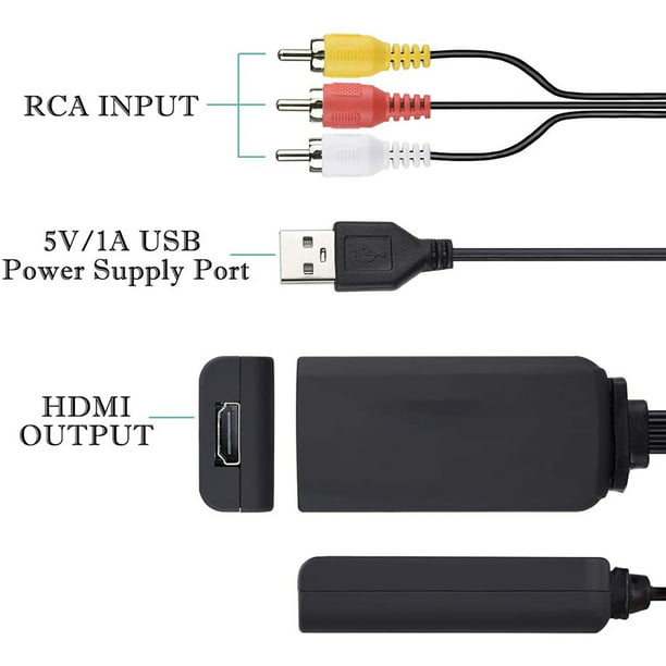 Adaptador RCA a HDMI, convertidor AV a HDMI, convertidor de audio compuesto  RCA a HDMI para PS1, PS2, PS3, STB, Xbox, VHS, VCR, reproductores de DVD