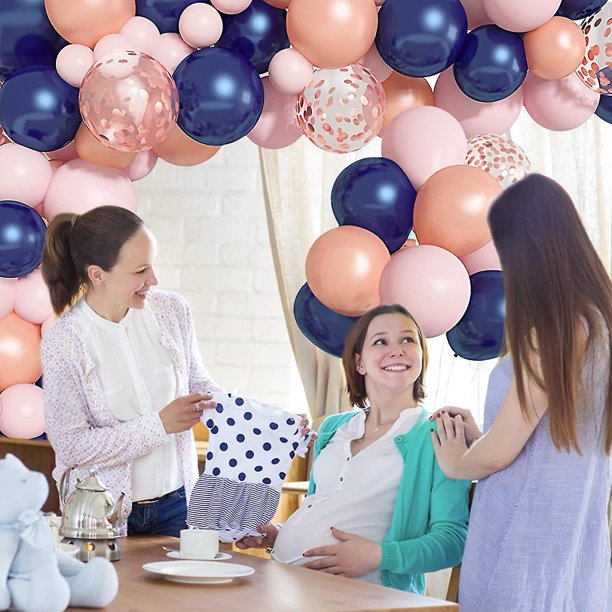 Decoraciones de revelación de género, telón de fondo para fiesta de niño o  niña, guirnalda de arco de globos, azul marino, oro rosa, cortinas de