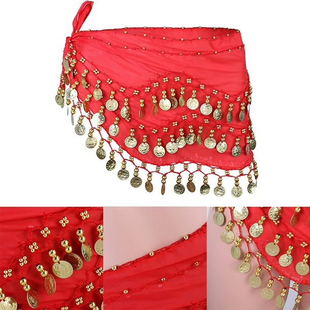  Bufanda de danza del vientre para mujer, diseño de lentejuelas  brillantes, monedas, bufandas de cadera, Rosa Rojo : Ropa, Zapatos y Joyería