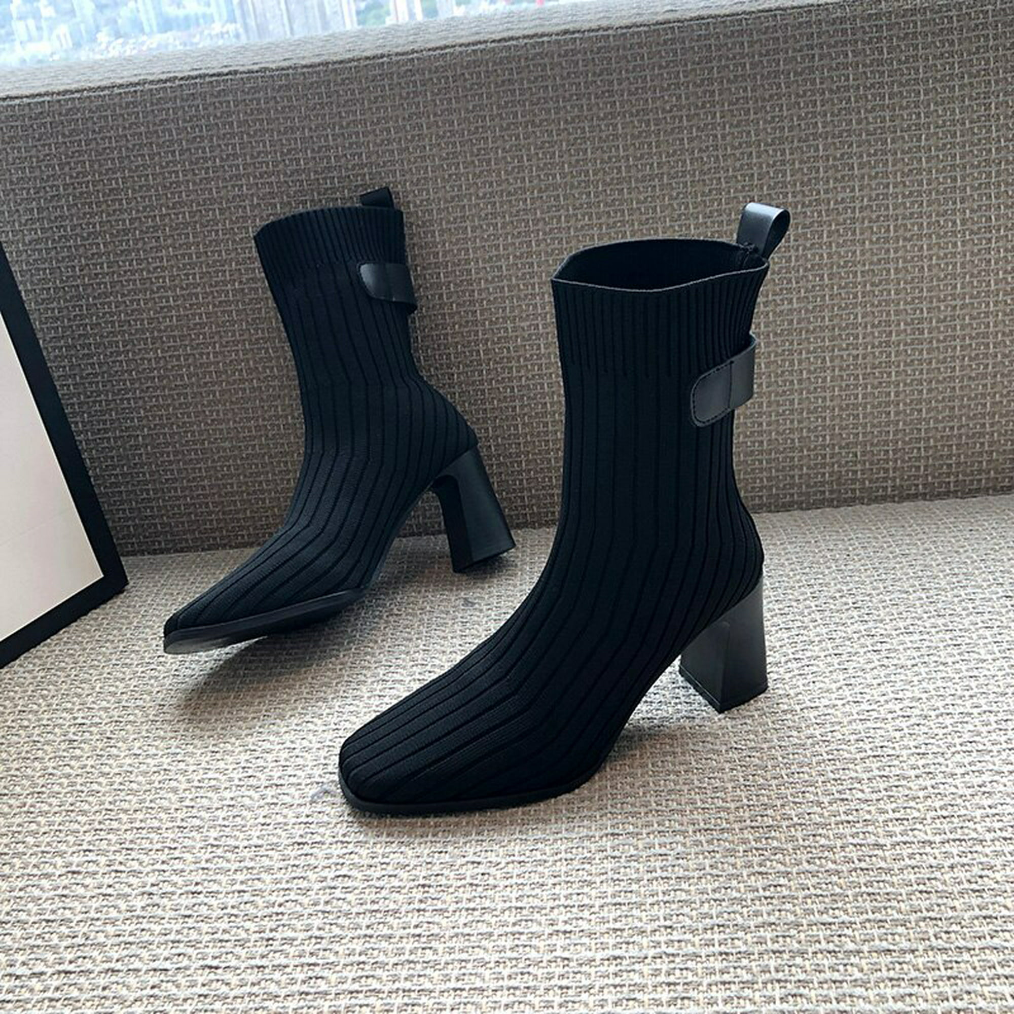 Botas de calcetín negro, zapatos de tacón alto para de punto, tacones elegantes, tela elástica, punta cuadrada, botas cortas para Mujer 38 Gao Jinjia LED | Walmart en línea