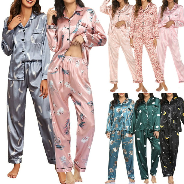 Conjunto de pijamas para mujer, manga larga, satén suave, cuello con  muescas, botones, pijamas, Abanopi Pijamas Mujer