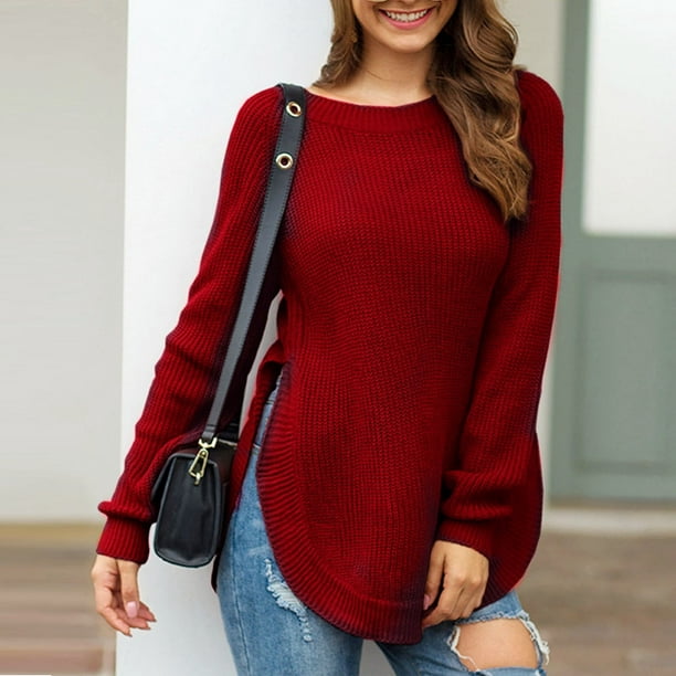 TRAF-suéter de punto suave para mujer, jersey rojo de gran tamaño, de manga  larga, otoño
