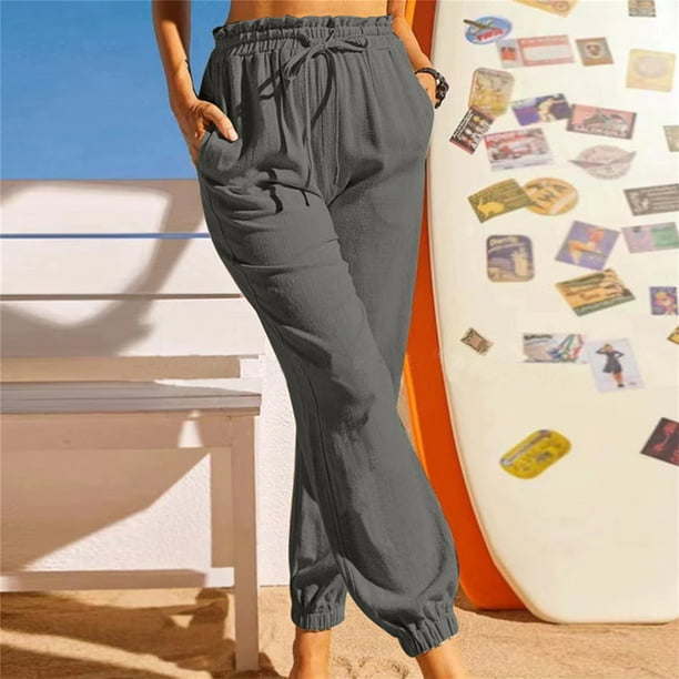 Pantalones de algodón y lino elásticos de color sólido informales a la moda  para mujer Pompotops ulkah939759