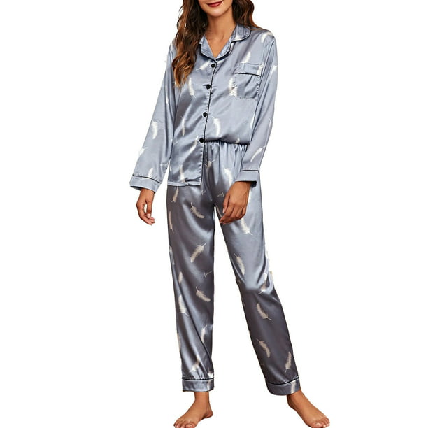 Conjunto de pijamas para mujer, manga larga, satén suave, cuello con  muescas, botones, pijamas, Irfora Pijamas Mujer