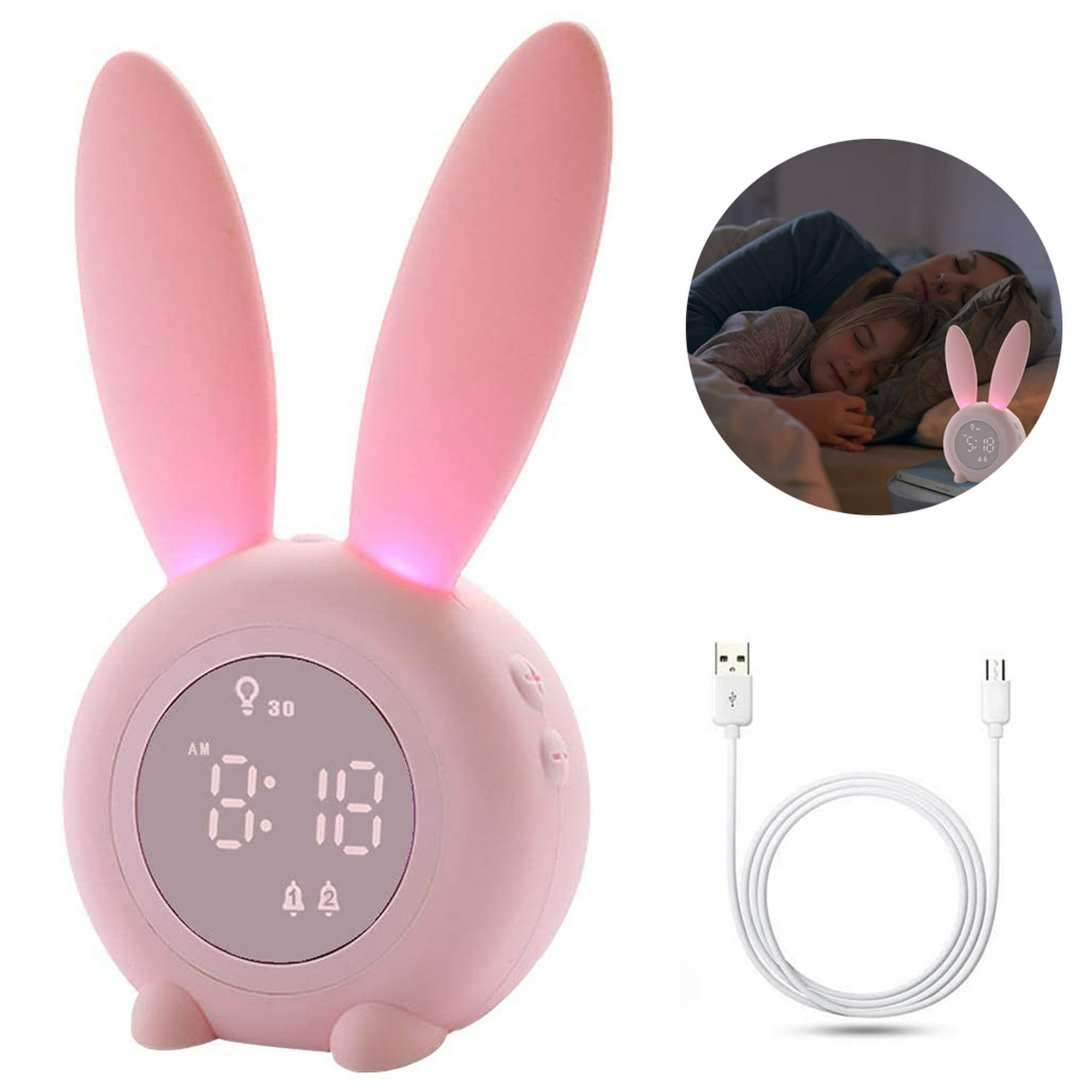 Reloj despertador de conejo para niños con luz nocturna, 6 tonos de  llamada, bonito control táctil y reloj de repetición recargable para  dormitorio de