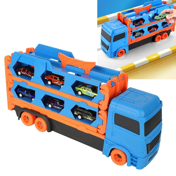 Basics Camión transportador de autos de juguete con almacenamiento  para niños de 3 años en adelante, 6 vehículos fundidos a presión y 16