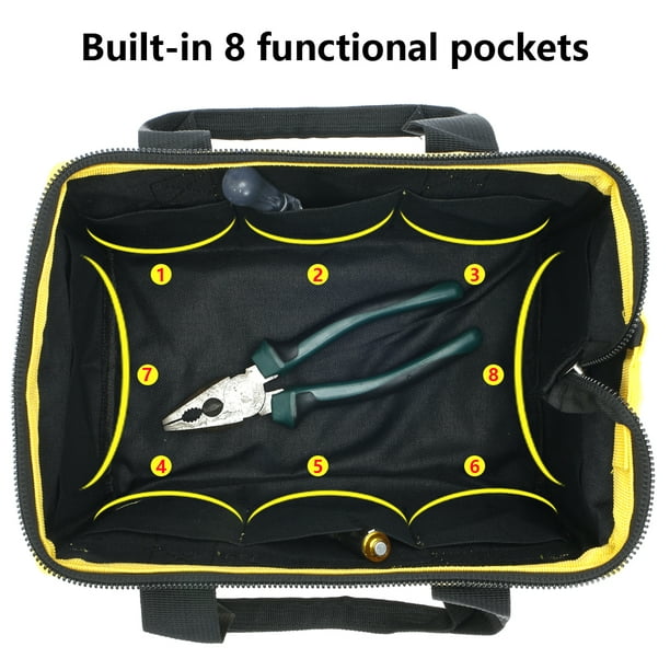 Bolsa de herramientas pequeña de boca ancha de 12 pulgadas con 8 bolsillos  para organización de herramientas, resistente, doble cremallera, base con