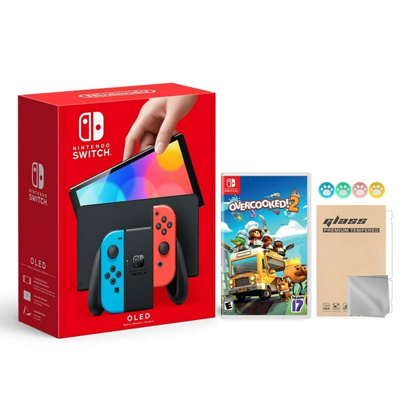 2021 new nintendo switch oled model neon red  blue joy con 64gb console hd screen  lanport dock with overcooked 2 and mytrix joystick caps  screen protector nintendo hegskabaa