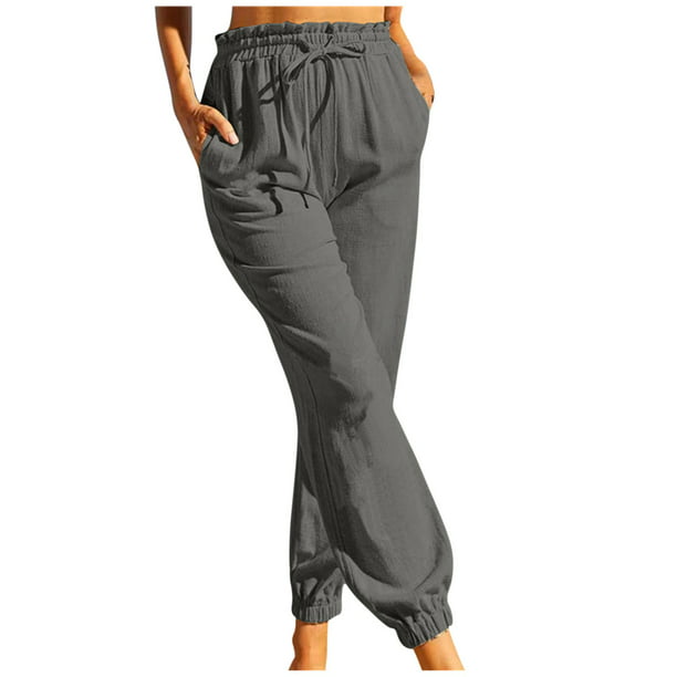 Pantalones de algodón y lino elásticos de color sólido informales a la moda  para mujer Pompotops ulkah939756