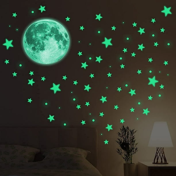  Estrellas que brillan en la oscuridad para techo con luna de  Boxiki Kids. Estrellas fluorescentes de techo para decoración de habitación  de niños. Calcomanías que brillan en la oscuridad para dormitorios