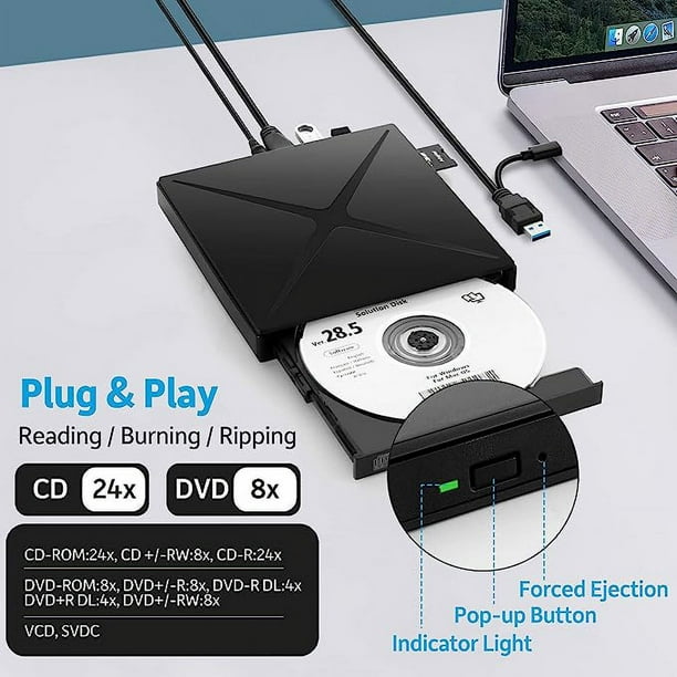 Grabadora CD Lector con USB 3.0 y Tipo C, Lector de CD con 2 USB y Lector  Tarjeta SD/TF, Unidad Óptica Externa de CD/DVD-RW Compatible con Windows  10/8/7/XP/Vista/Linux/Mac OS/PC/Laptop/Macbook : : Electrónicos