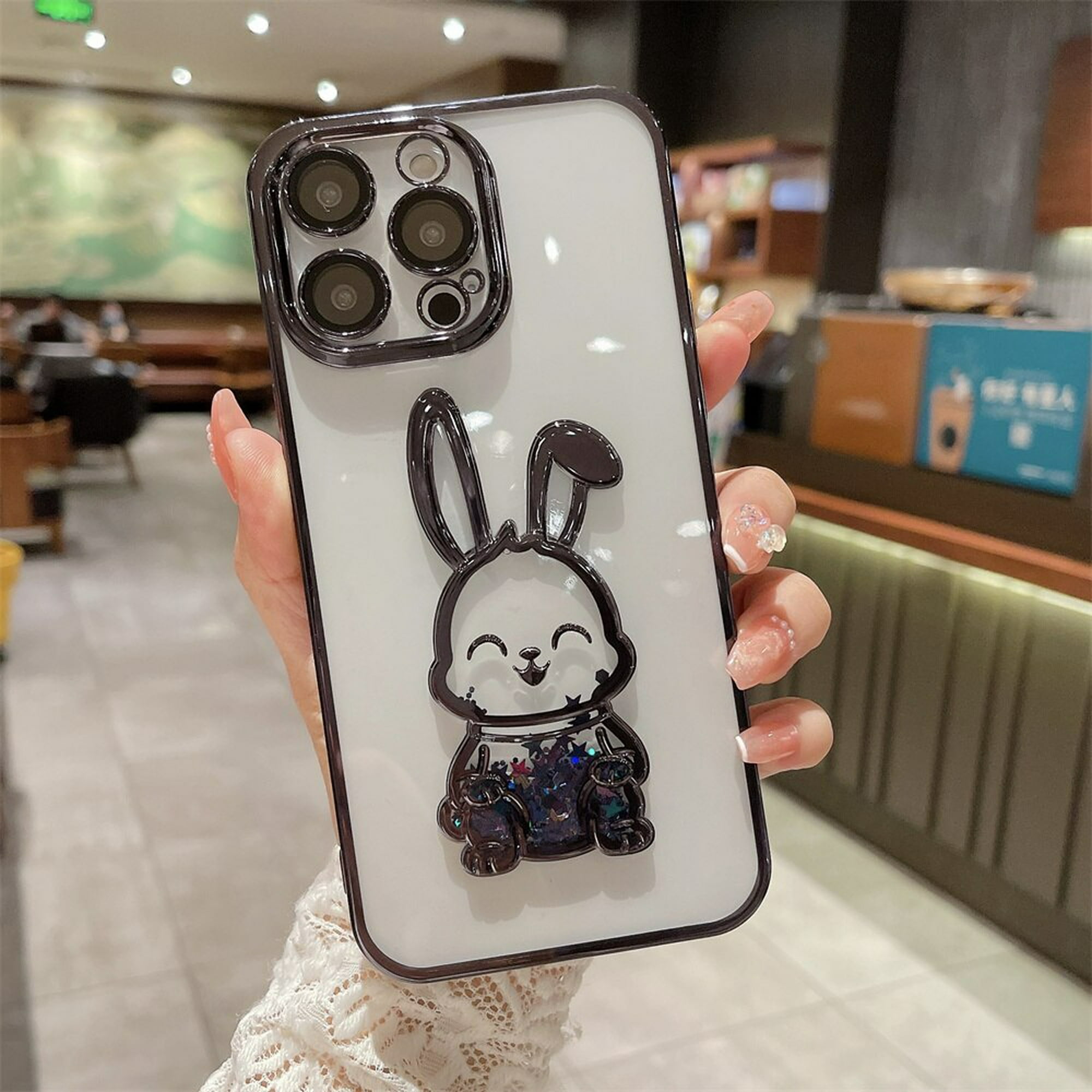 Funda con purpurina y conejo para iPhone 14 Pro Max 13 12 11 X Xr Xs 8 7  Plus, película protectora transparente para cámara Fivean unisex
