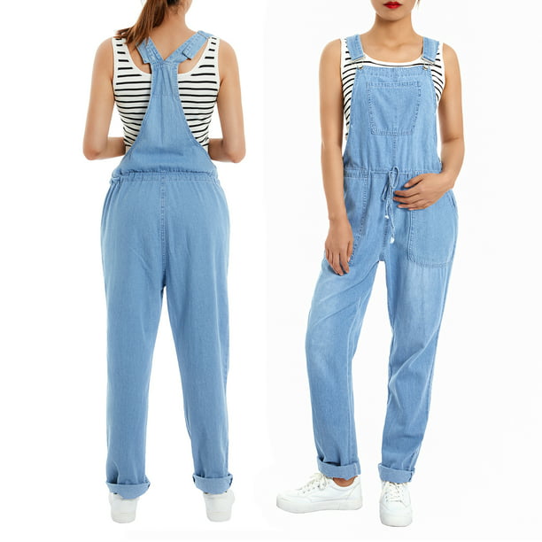 TRKIYQC Jeans de tirantes de mezclilla azul para mujer con bolsillos y correa pantalones TRKIYQC moda | Walmart en línea