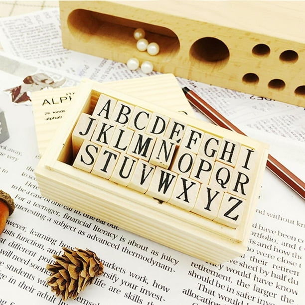 Sellos de letras del alfabeto de madera, caja de madera, álbum diario, sello  de goma, juego de sellos, sello artesanal, accesorios para hacer tarjetas  26 carta BLESIY Sello de letras