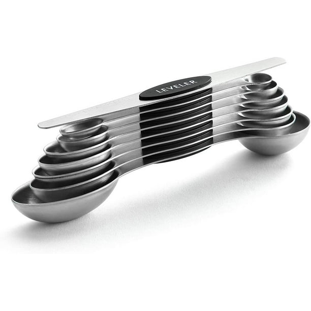 Juego de tazas y cucharas medidoras de acero inoxidable, incluye 8 tazas  medidoras apilables, 8 cucharas medidoras magnéticas de doble cara con 1