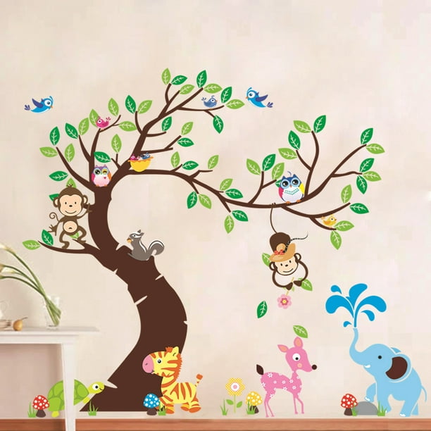 Vinilos infantiles 9 Búhos en ramas (120x100 cm) I árbol flores pájaro  mariposas pegatinas I vinilo pared para habitación infantil bebé niño niña  vivero ventanas