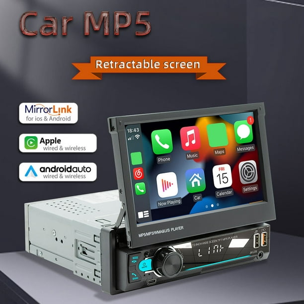 Radio De Coche Radio de coche de 7 pulgadas 1 Din Wireless Carplay Android  Auto Radio FM Pantalla retráctil