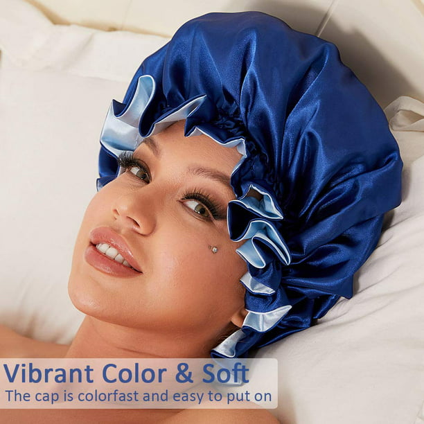 Gorro de seda para dormir de doble capa de satén ajustable para mujeres  negras, gorro de dormir reversible para cabello rizado (negro)