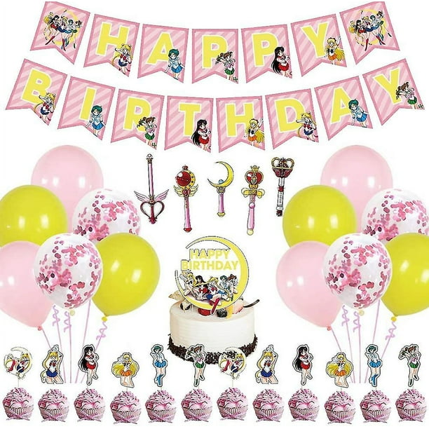 Suministros para fiesta de cumpleaños de Sailor Moon, 31 piezas de  decoraciones para fiestas temáticas de luna, incluye pancarta de feliz  cumpleaños, adornos para cupcakes, glo