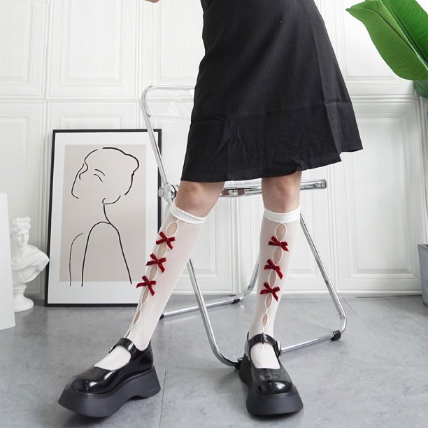 Calcetines góticos de malla hasta la pantorrilla para mujer, medias de  princesa con adorno de volantes y lazo calado estilo japonés Lolita