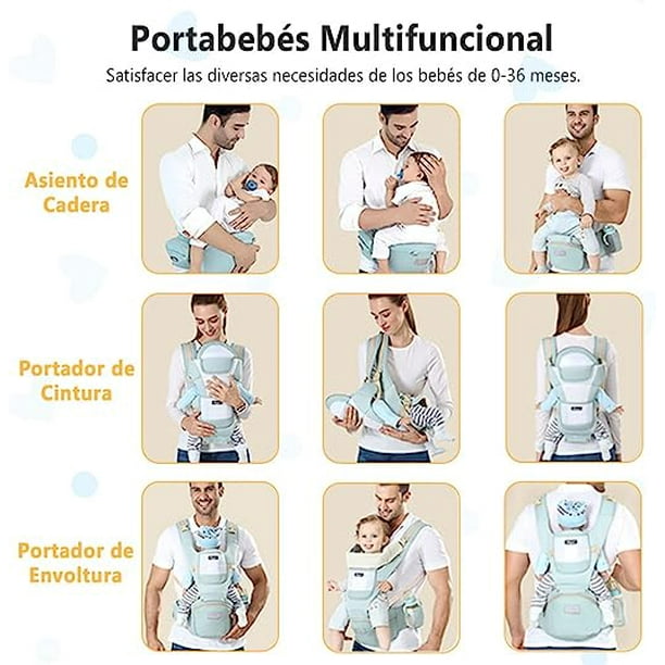 Mochila Portabebe, Porta Bebé Portátil Algodón Puro Ligero y Transpirable  con Asiento de Cadera Múltiples Compartimentos