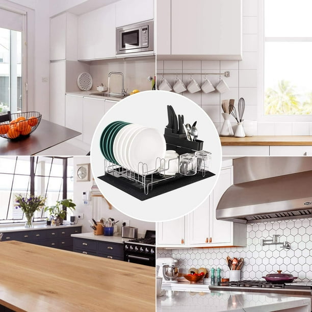  Escurridor de platos – Escurridor grande de 2 niveles para  encimera de cocina, escurridor de platos plegable con soporte para  utensilios para platos, cuchillos, cucharas y tenedores, color negro : Hogar