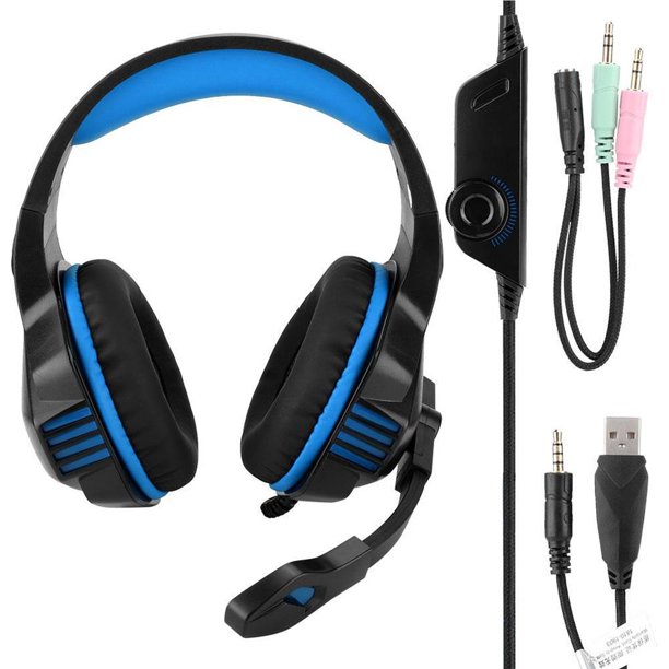  Auriculares estéreo con cable para juegos, auriculares USB,  auriculares estéreo grandes con micrófono para PS4 X-Box Gamer PC Phone  (Color gris, sin LED) : Videojuegos