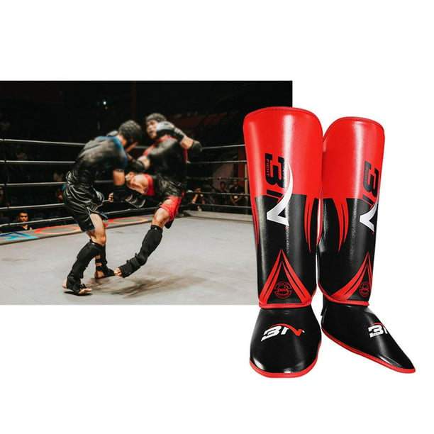 Espinilleras de artes marciales de MMA: protectores de piernas de Muay Thai  ajustables y acolchados con empeine, protección para entrenamiento de