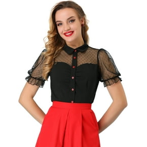 Blusa Cuello De Peter Pan Manga Corta Burbujas Paneles De Malla Para Mujer Negro M Allegra K Elegante puño con volante femenino vintage retro