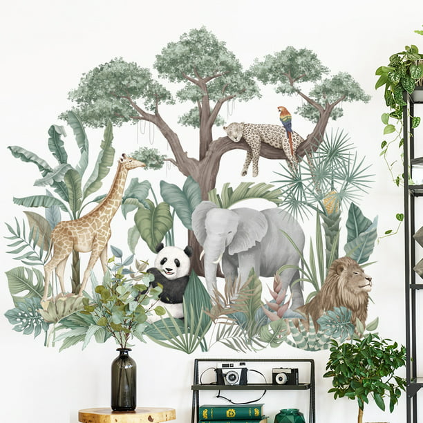  Dibujos animados de animales de la selva tropical, plantas, pegatinas de pared, animales de la selva JAMW Sencillez