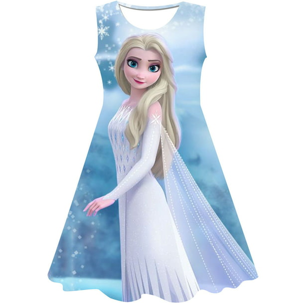 2023 nueva ropa de Elsa de Frozen de Disney para niños, falda bonita informal de verano, falda de cuello vestido de princesa de Frozen impreso 3T Gao Jinjia LED