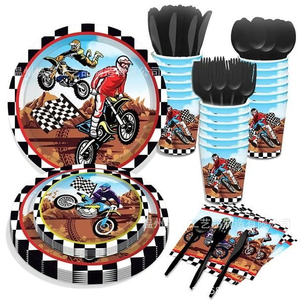 Suministros para fiesta de cumpleaños de motocross para niños, juego de  piezas de motocicleta incluye platos, servilletas, vasos, kit de vajilla  para