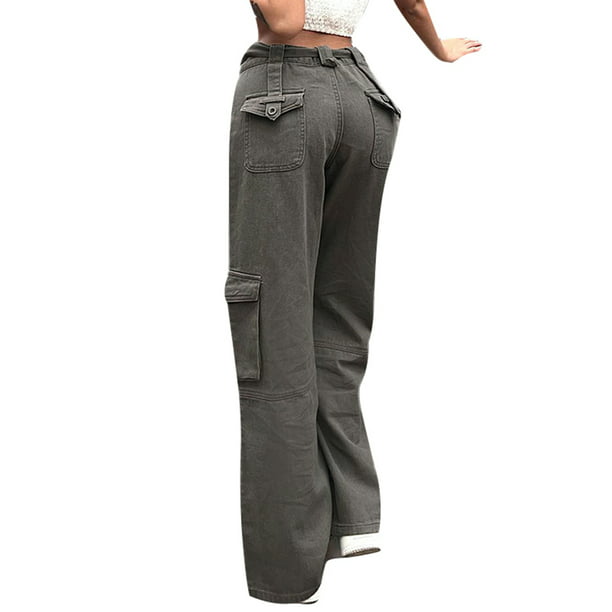 Pantalones cargo rectos sueltos, pantalones anchos de moda de cintura alta  con bolsillos casuales, pantalones cómodos y sólidos, ropa de mujer