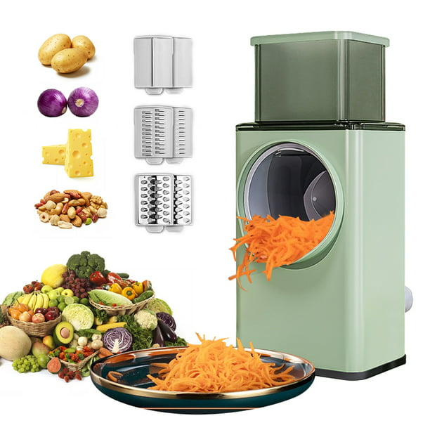 Rallador eléctrico de queso, cortador de verduras multifuncional de 250 W  para uso doméstico, 5 cuchillas giratorias de acero inoxidable y control de