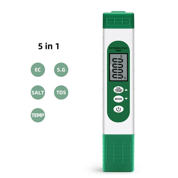 Probador de medidor de pH 5 en 1, medidor digital de calidad del agua para  probar TDS / EC / Salinity / SG. / Temperatura de alta precisión, pruebas  para agua potable, hogar, piscina, acuario (verde)
