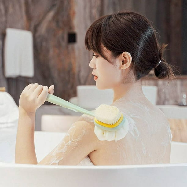 Cepillo de ducha con cerdas y esponja, esponja de malla de baño con mango  largo curvado para baño exfoliante para la piel, cerdas de masaje adecuadas