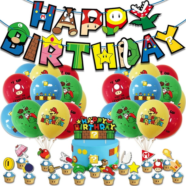 Nuevo tema de Mario, decoración de fiesta de cumpleaños, letras, bandera,  tarjeta para pastel, conjunto de globos, suministros de diseño Rojo Verde