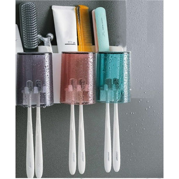  Soporte de pared para cepillos de dientes con 5 ranuras con  tapa, organizador de almacenamiento de cepillos de dientes autoadhesivo  para ducha, colgador de cepillos de dientes para baño, botiquín, 
