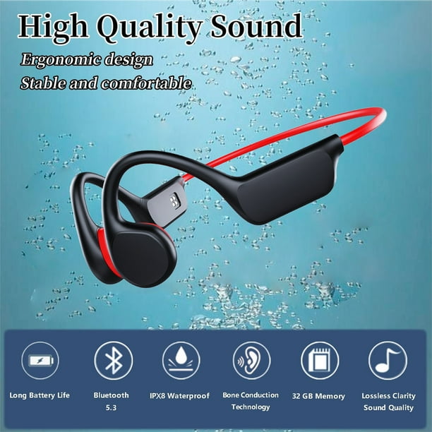 Auriculares de conducción ósea: auriculares de natación impermeables IPX8  con reproductor de MP3 incorporado, memoria de 32 G, auriculares de oído  abierto Bluetooth 5.3