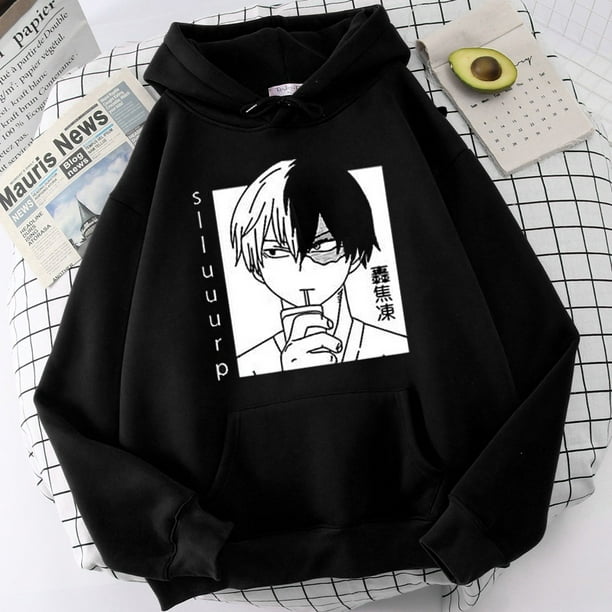 Sudadera con capucha de manga larga con estampado de Anime negro suelta  para mujer