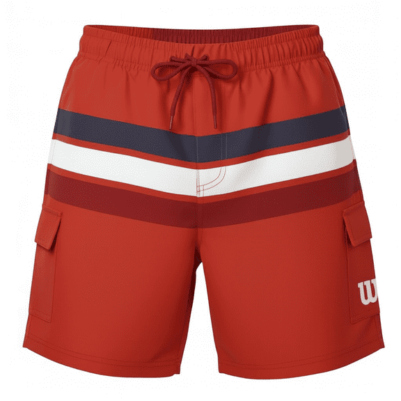 Traje de Baño Deportivo Wilson para Hombre Tipo Cargo Bolsas Laterales Jareta Ajustable Color Rojo Rayas Talla M