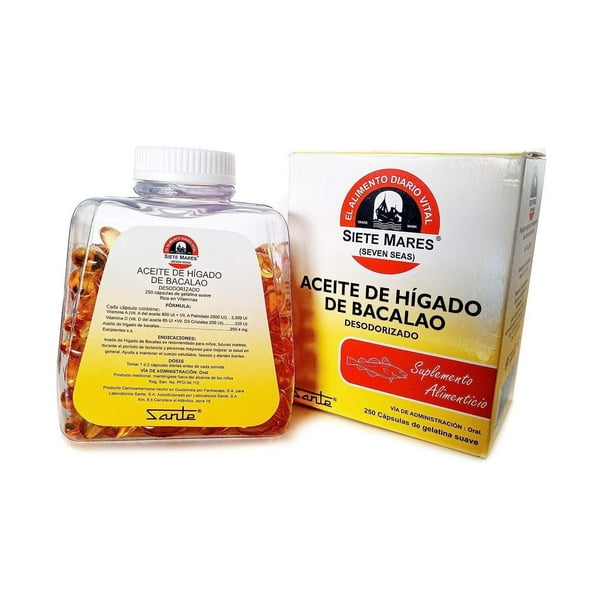 Aceite de Hígado de Bacalao 250 Capsulas Blandas Siete Mares Santé  Desodorizado
