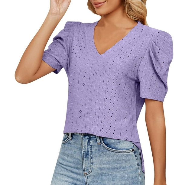 Camisetas cortas para mujer, camiseta con botones, camiseta interior casual  con cuello en V, blusa sin mangas para mujer (morado, XL)