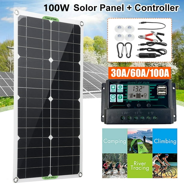  Kit de panel solar flexible de 12 V, paneles solares de 100 W  con controlador solar para barco, coche, RV y cargador de batería : Patio,  Césped y Jardín