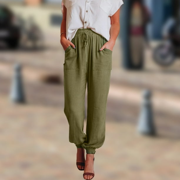 Pantalones anchos de algodón de cintura alta militar mujer