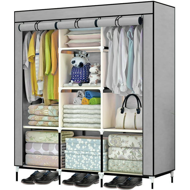 Armario portátil para ropa con puerta enrollable con estante para colgar,  organizador de almacenamiento de tela no tejida con tres cajones, montaje